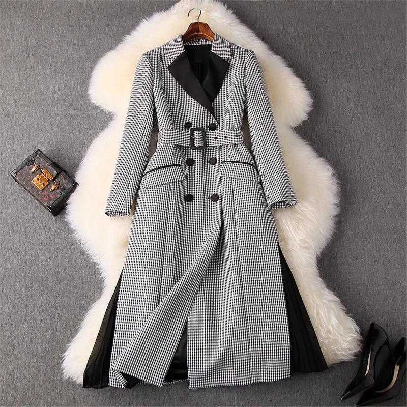 Осень-зима, модный Тренч, Женское пальто, длинный рукав, отложной воротник, в клетку, с принтом, женское длинное пальто, ветровка, верхняя одежда - Цвет: Серый