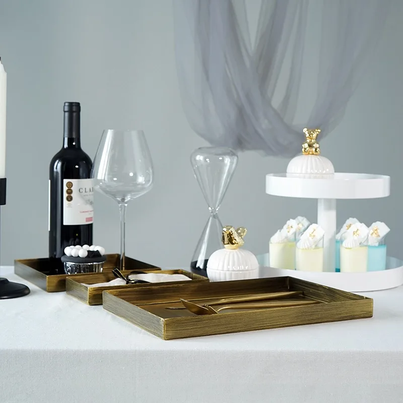 

Desktop Storage Decorative Plate Retro Square Wrought Iron Storage Tray American Retro Metal Jewelry Plate Tea Breakfast Plate