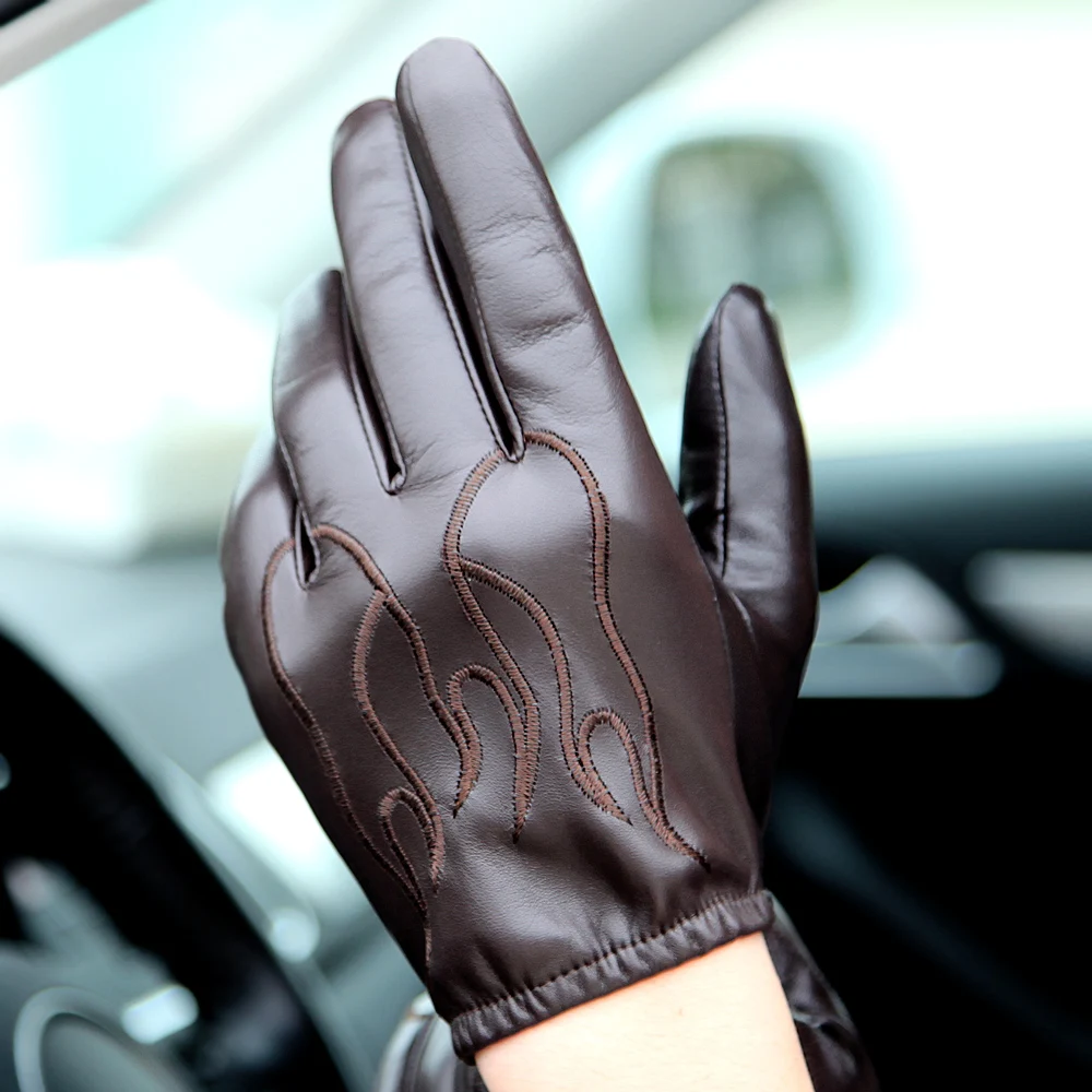 Sheepskin Gloves Male Autumn Winter Thicken Plush & Nylon Lined Genuine Leather Full Palm Touchscreen Embroidery Gloves M050NC2