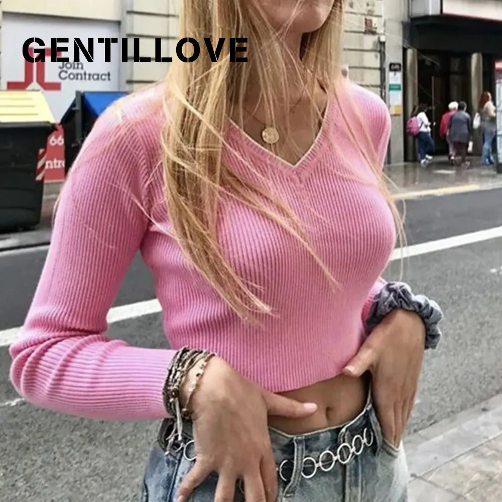 Gentillove Fall 2020 Crop Sweater Elegant V Neck Hit Color Kawaii Cute Sweaters Knitted Pullover All-match Slim Jumpers Sexy Top | Женская