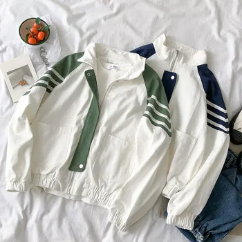 

Gagaok Women Stripe Streetwear Jacket 2020 Spring Autumn New Patchwork Lapel Pocket Loose Casual Simple Wild Female Fashion Coat