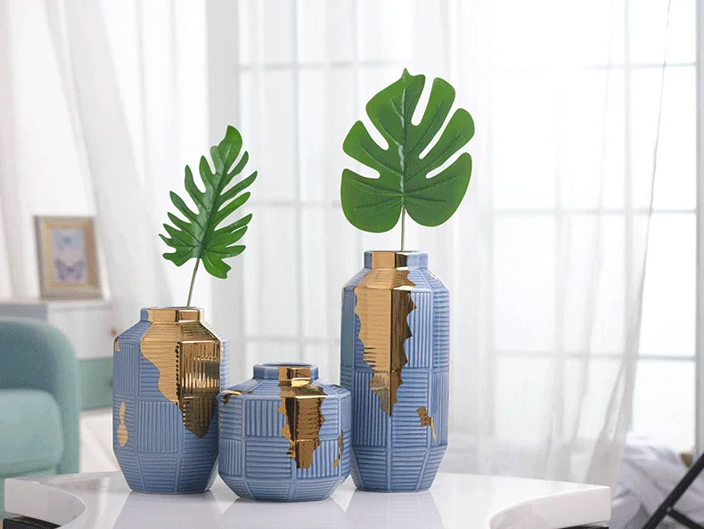 Креативные скандинавские керамические s золотые синие полосы Современная керамическая ваза для дома гостиной Цветочная композиция украшения цветочные вазы