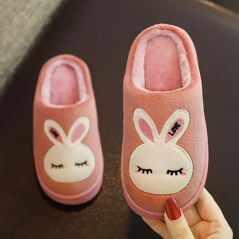 Детские тапочки для мальчиков и девочек; домашняя обувь для девочек с рисунком лисы; зимние домашние тапочки для мальчиков; теплые бархатные детские ботинки - Цвет: Pink