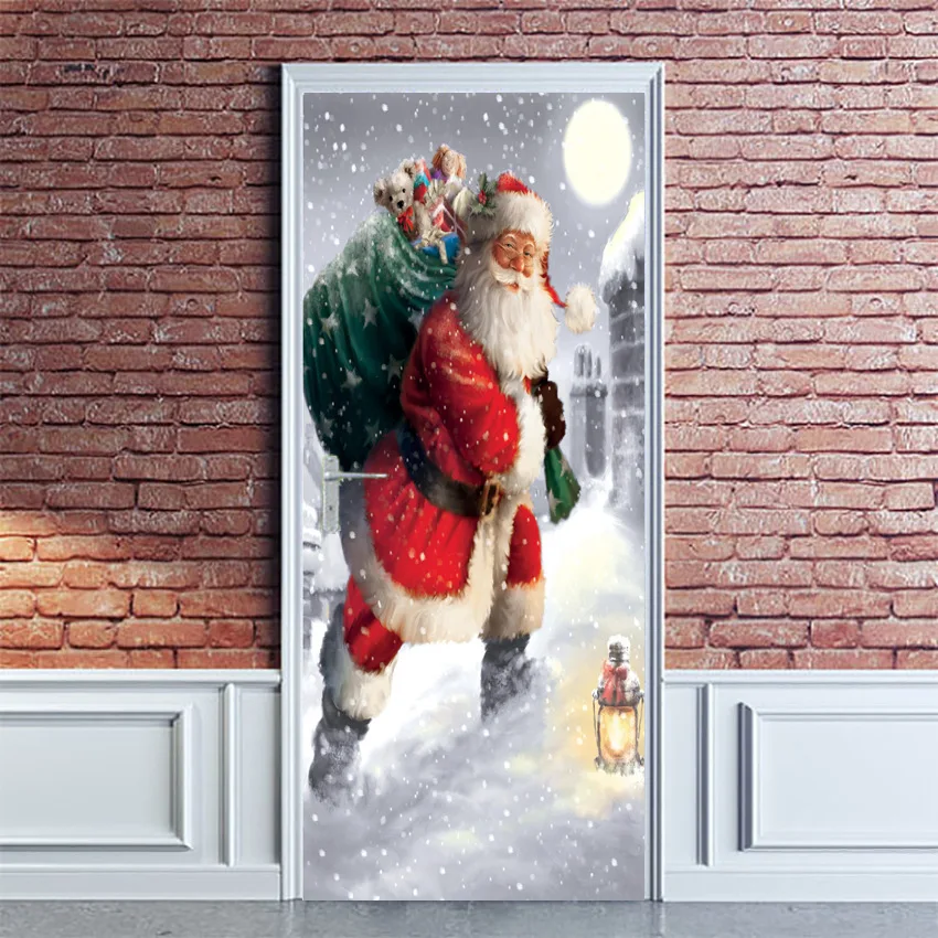 Рождественская декоративная 3D дверная Фреска, наклейка Санта Клаус, настенная художественная, домашний декор, самоклеющаяся Наклейка на стену, отклеивающиеся обои