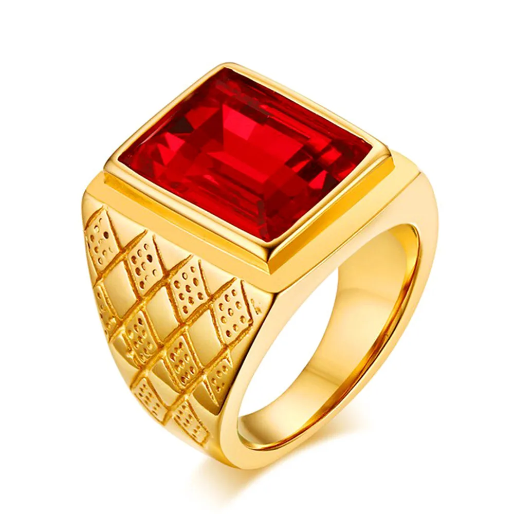 Big square ruby red gemstones Rings for men gold color titanium stainless steel jewelry bague bijoux masculine finger accessory Big square ruby red gemstones Rings for men gold color titanium stainless steel jewelry bague bijoux masculine finger accessory