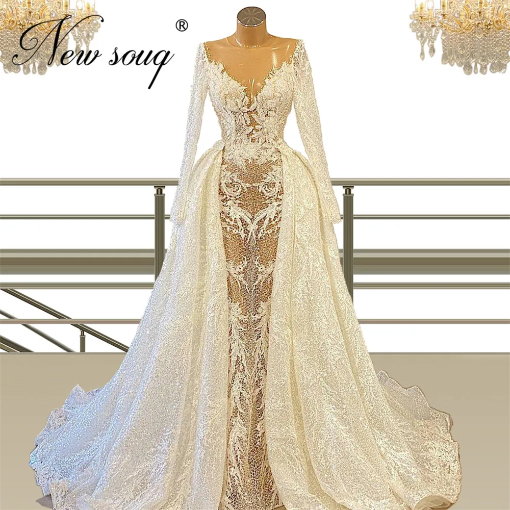 

Роскошные свадебные платья Дубай, украшенные бисером, модель 2021, свадебные платья, женское платье невесты с длинными рукавами, с иллюзией