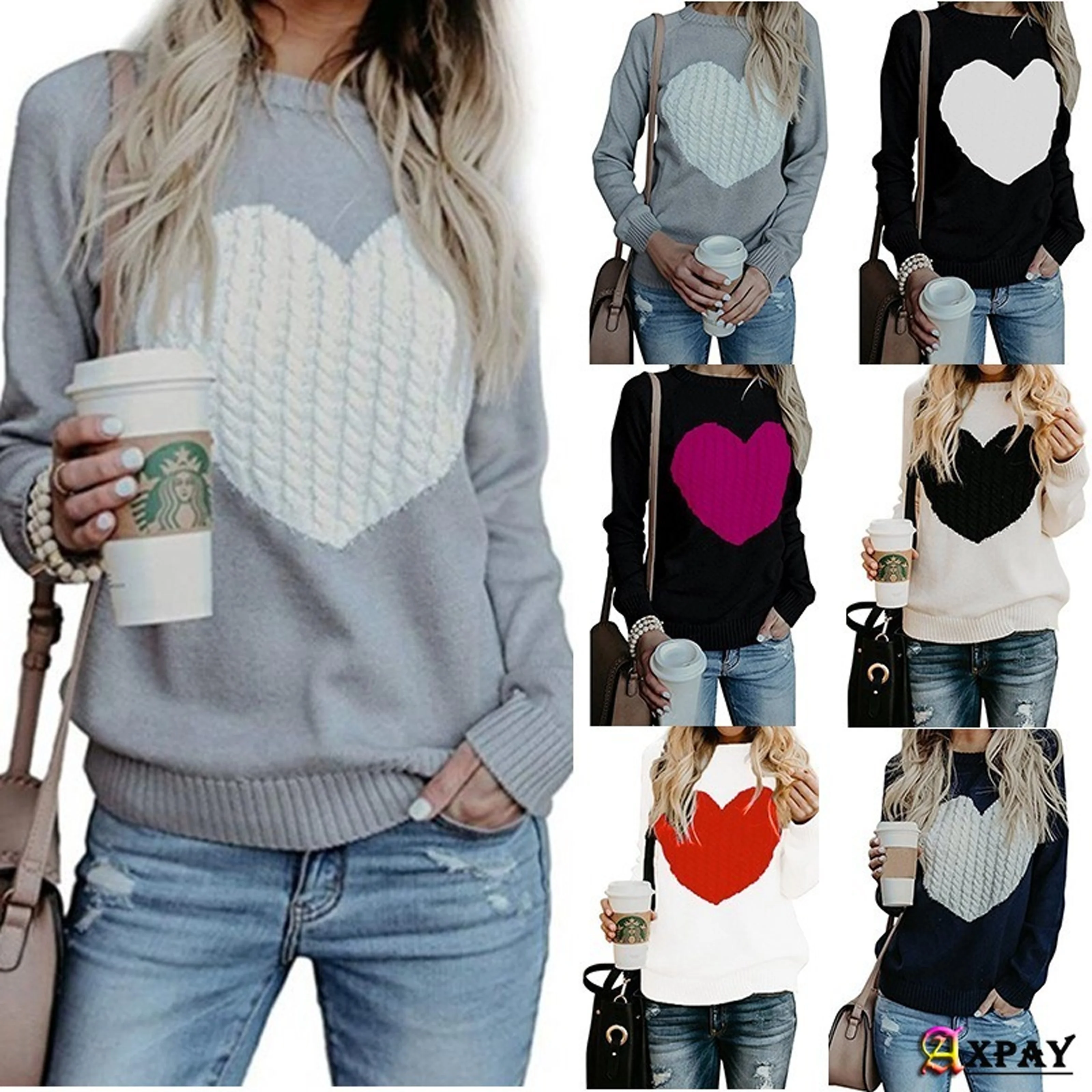 

Woman Sweater Casual Heart Pattern Long Sleeve Knitted Plus Size Autumn Ladies Pullovers O-Neck