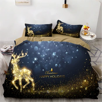 

2/3pcs Christmas Bedding Set Tree Deer Duvet Cover Pillowcase Double Queen King Size Gold Star Glitter Print Gift Quilt Covers