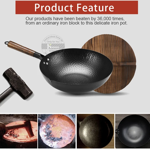 Konco Pure Iron wok cast iron pan Non-coated Pot General use for Gas and Induction Cooker 32cm Chinese Wok Cookware Pan 6