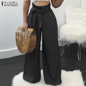 

2020 ZANZEA Elegant Work OL Long Trousers Fashion Belt Denim Blue Wide Legs Pants Women Casual Lace-Up Harem Pantalon Streetwear
