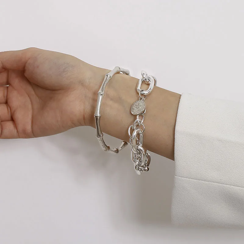 Gold Color Metal Chain Link Creative Bamboo Bracelet Bangle 2/Pcs Set New Fashion Punk Bangle Bracelet Women Party bangle bracelet chain bracelet