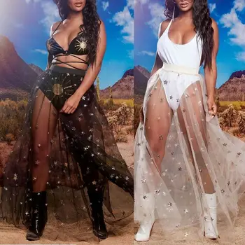 

Female Summer Long Skirts New Fashion See-through Star Printed Sheer Mesh Loose Underskirts Women Beach Holiday High Waist Skirt