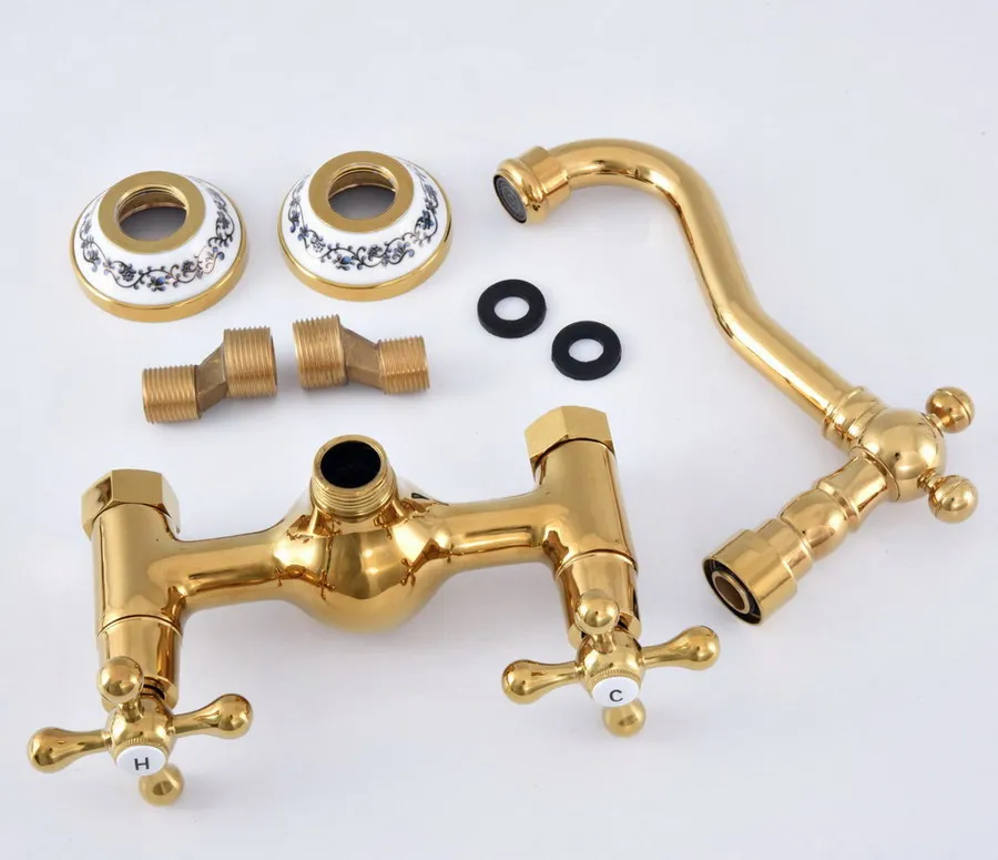 Gold Polished Double Handle Swivel Spout Kitchen Mixer Faucets Solid Brass Basin Mixer Faucet with Ceramic Crane Ksf619