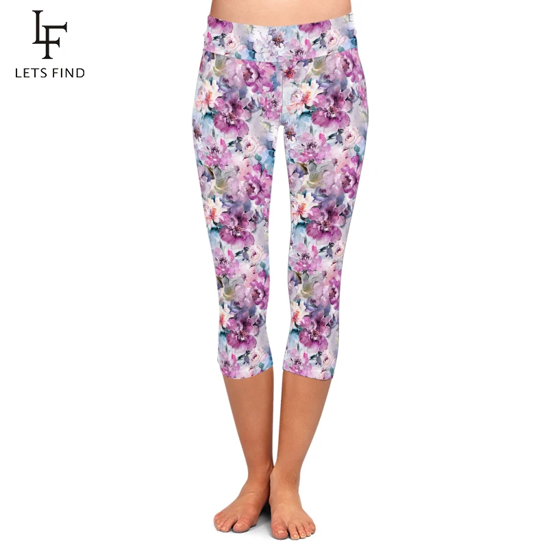 leggins LETSFIND Summer Beautiful Flowers Print Capri Leggings High Waist Plus Size Soft and Comfortable Fitness Mid-Calf Leggings spanx pants Leggings
