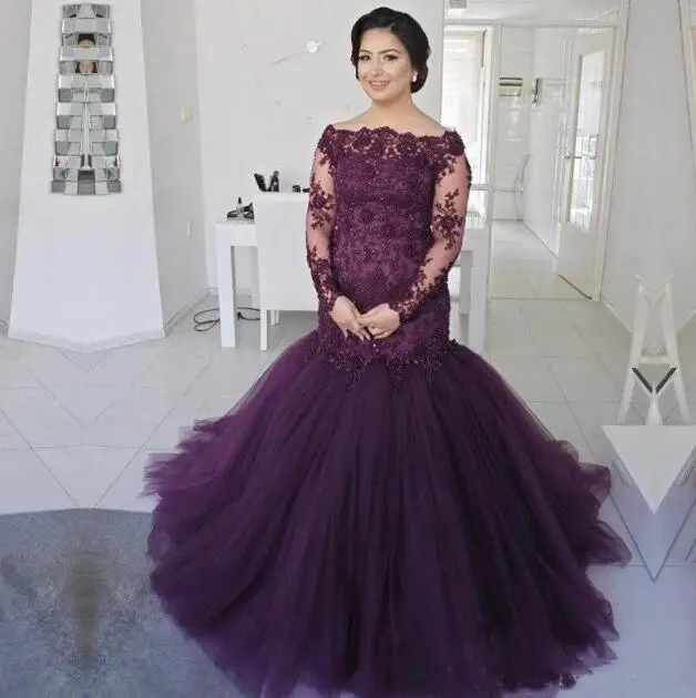 

robe de soiree Grape Purple Mermaid Mother Of The Bride Dresses Lace Sheer Long Sleeves Plus Size Tulle Prom Evening gown