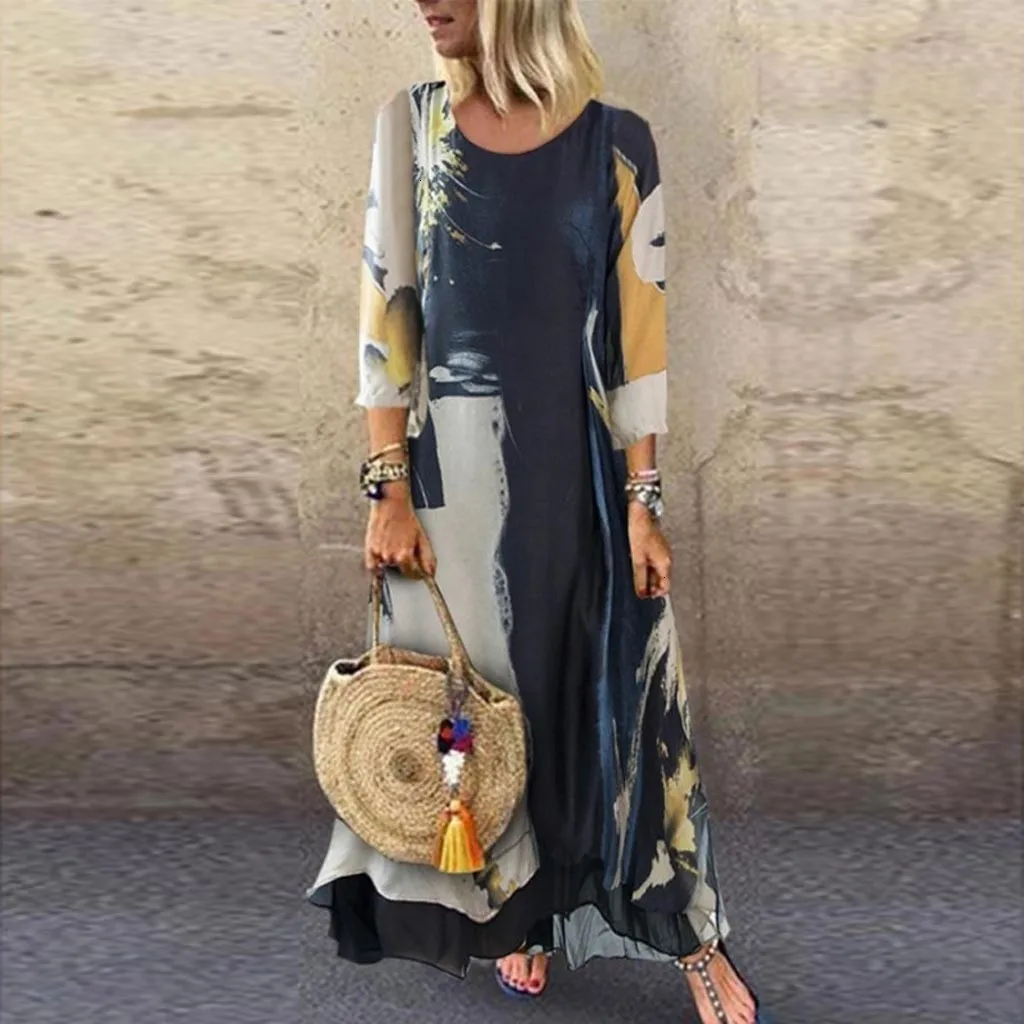 Autumn Dress Women Print Long Sleeve O-Neck Casual Party Maxi Dress Loose Plus Size dresses woman party night vestidos 2019