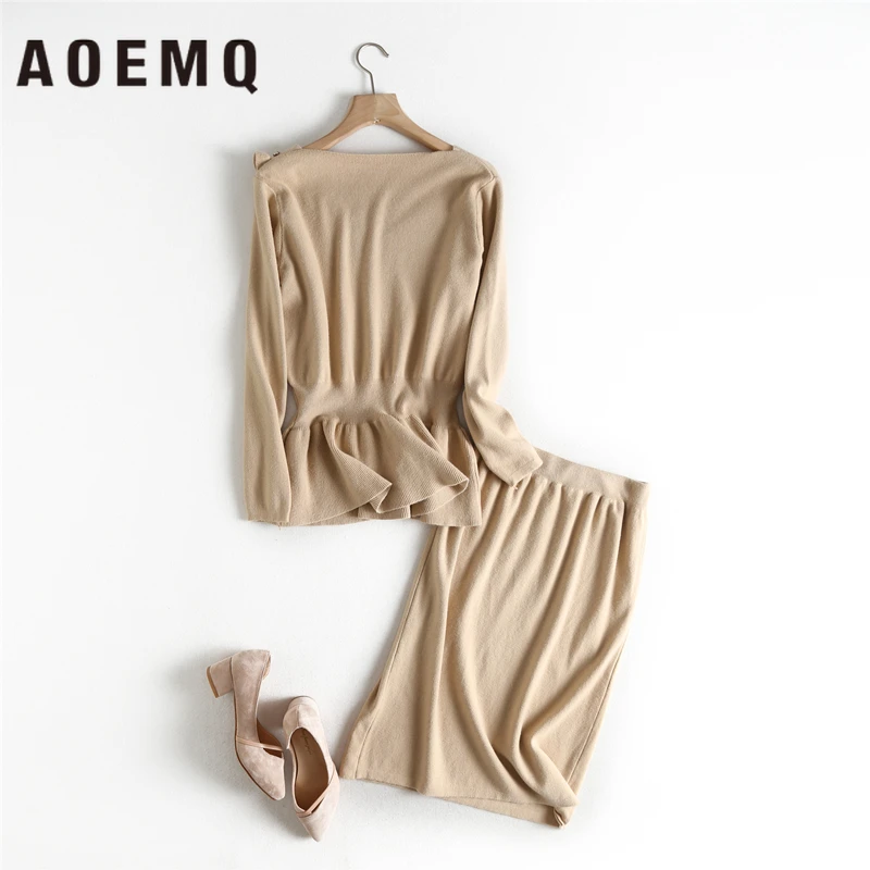 AOEMQ, брендовые Модные женские комплекты, 3 цвета, свитер, топы и юбки средней длины, для девушек, для взрослых, с цветочным узором, волнистые, милые комплекты для девочек, женская одежда