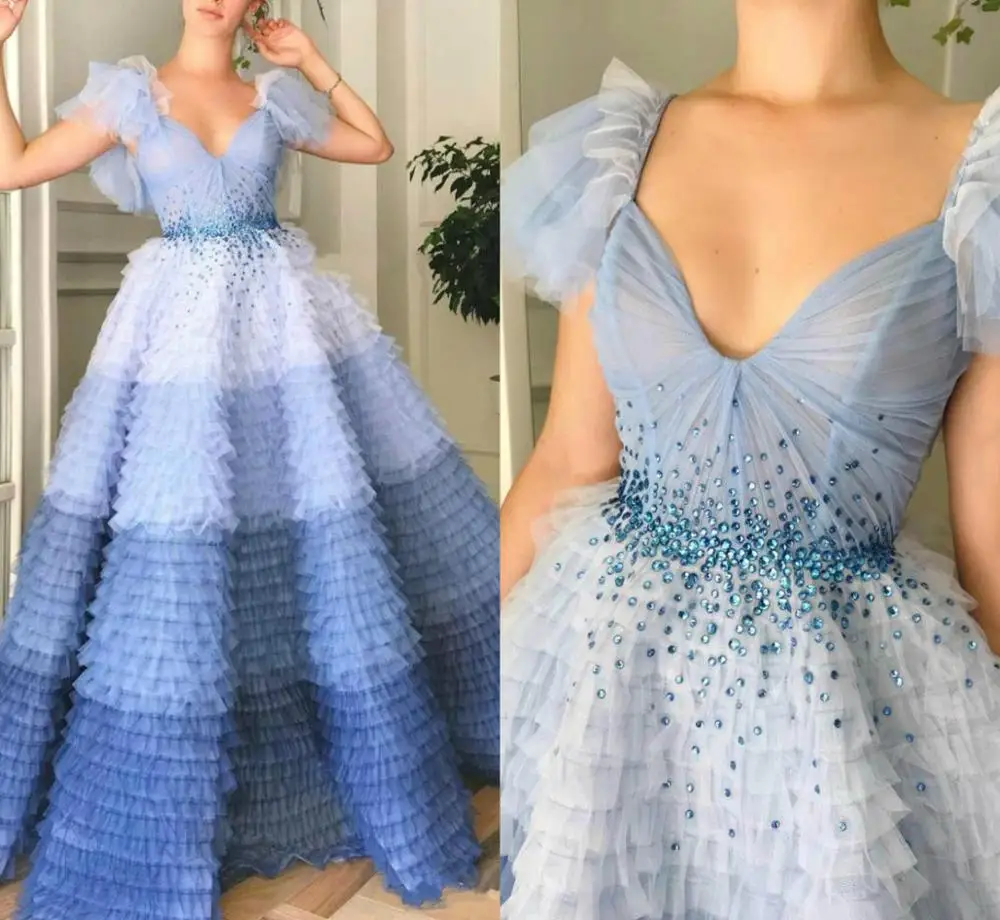2020 Beaded Prom Dresses V Neck A Line Tiered Skirts Cap Sleeve Vestidos De Fiesta Noche Luxury Evening Dress | Свадьбы и торжества