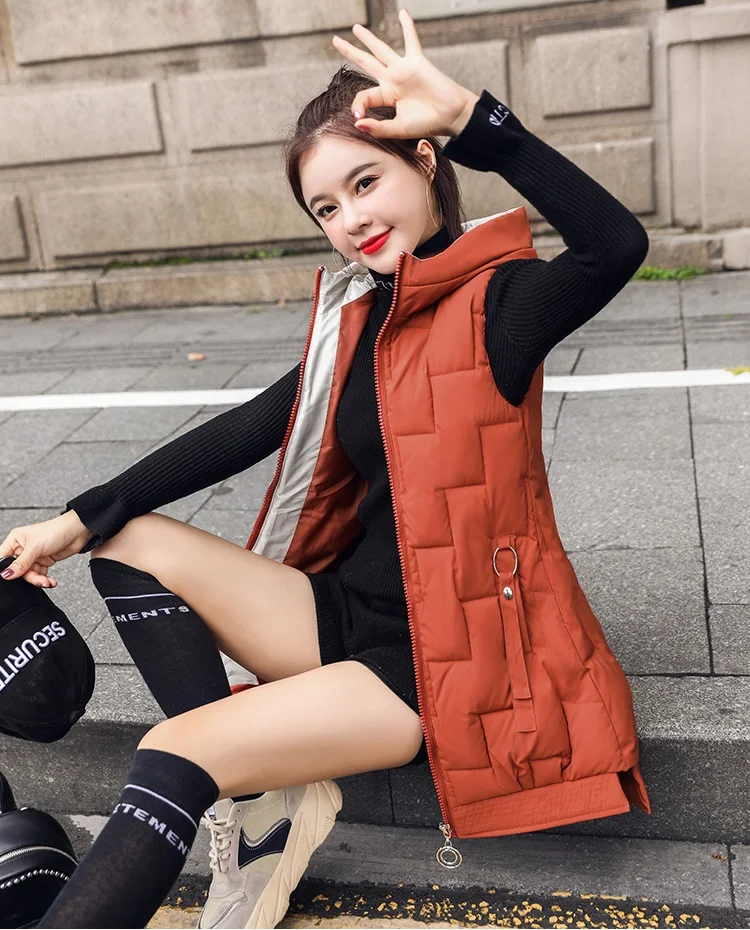 caramel colour UHYTGF Жилеты для женщин с капюшоном осень зима жилет женский модный жилет без рукавов куртка Паркера Повседневный жилет большого размера 415 - Цвет: caramel colour