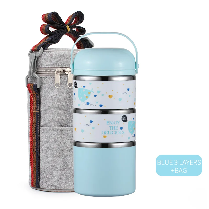 Blue 3 Layer Set WORTHBUY милый японский термальный Ланч-бокс герметичный из нержавеющей стали Bento box детский портативный контейнер для еды для пикника и школы - Цвет: Blue 3 Layer Set