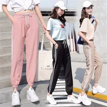

Summer Big Pocket Drawsting Waist Harem Pants Women Glossy Sport Ribbon Trousers BF Harajuku Joggers Women's Sports Pants 2019