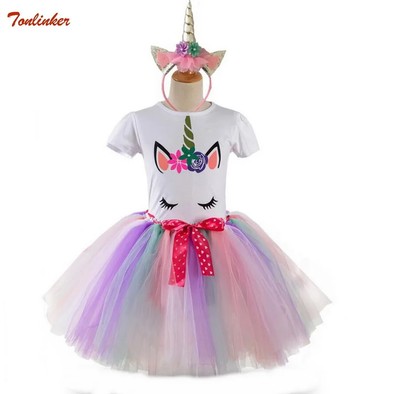 3PCS Girls Unicorn Outfits Set Rainbow Tutu Skirt+Cotton Unicorn Printing Shirt+Headband 