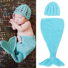 Ensemble d'accessoires de photographie pour nouveau né, bonnet tricoté au Crochet et jupe de poisson bleue tissée à la main, Costume de Photo, 2 pièces/ensemble 