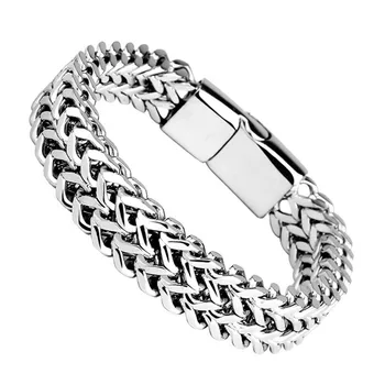 

Stainless Steel Braided Bracelet For Men Double Row With Magnet Clasp Jewelry Silver Color Polished Simple Fashion 7.4-8.6 Inch