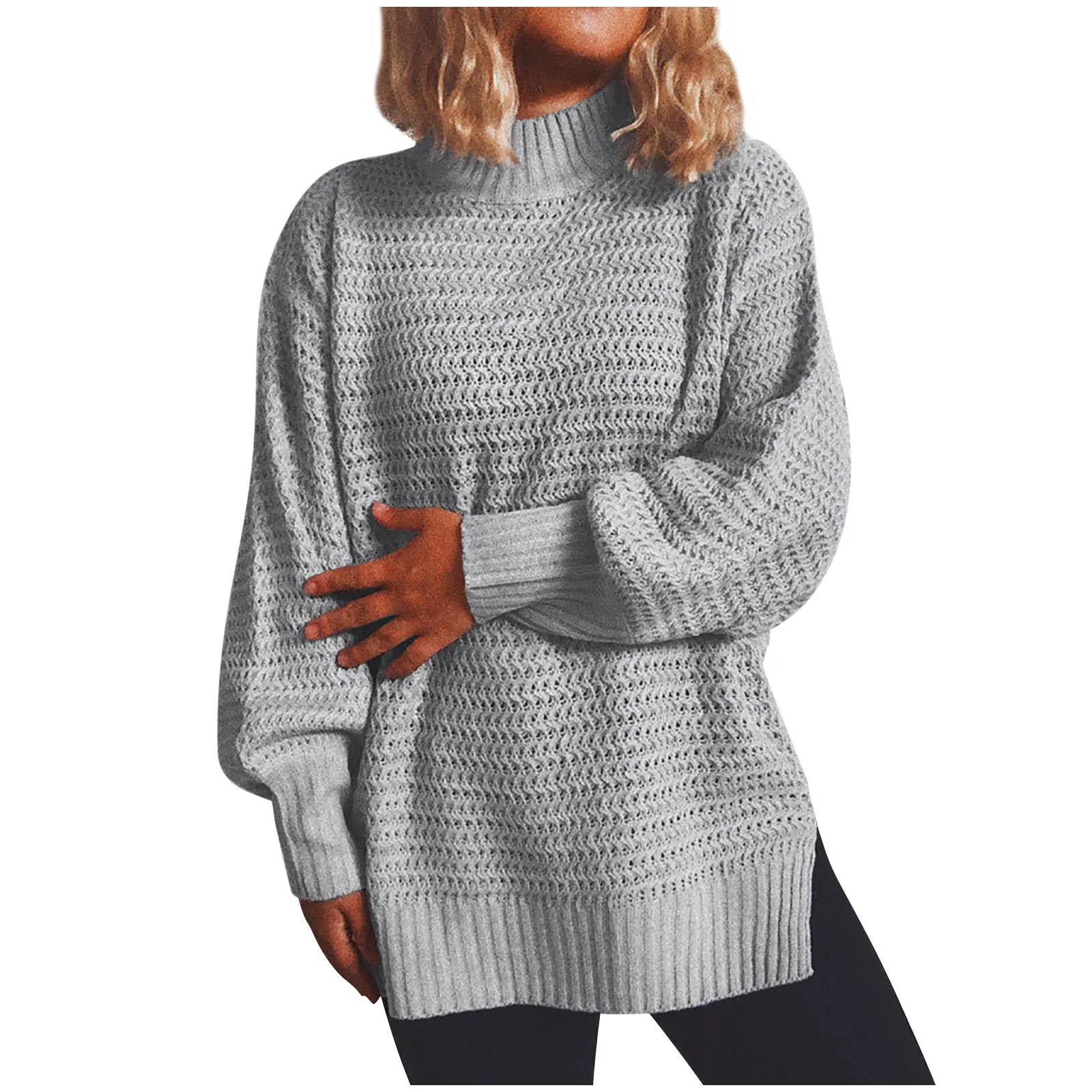 Color : Gray, Size : XL Womens Pullover,European and American Sweater High Neck Long Sleeve Sweater Hem Split Design