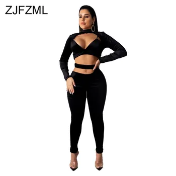 

Casual 2 Piece Matching Set Women Fall Winter Clothes High Necked Long Sleeve Crop TopAnd Cut Out Skiny Pant Sweat Suits Outfits
