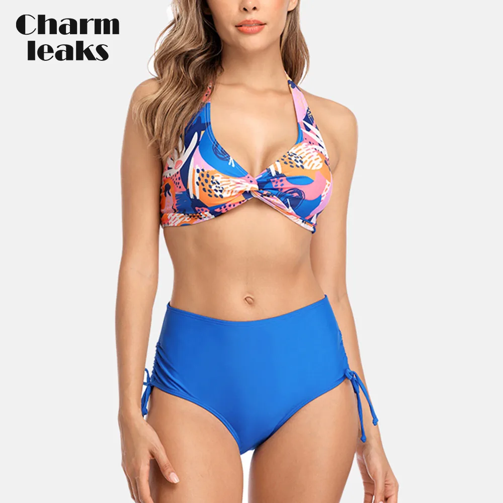 Charmleaks Women Bikini Set Halter Bikini Side Bandages Swimwear Printed Sexy Push Up Swimsuit