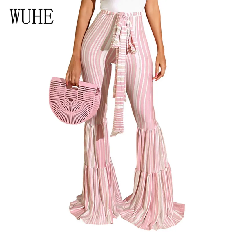 

WUHE New Fashion Striped Printed Zip-up Flared Pants Elegant Female High Waist OL Ladies Long Trousers Casual Wide Leg Pants