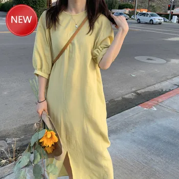 

Women Clothing Summer Sexy Bandage Loose Split Long Dress Lantern Sleeve Brief Solid Color Casual Sundress