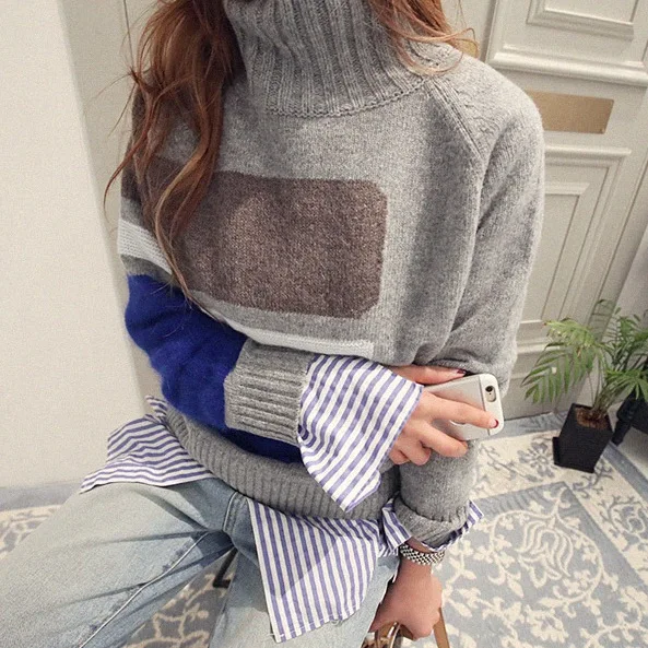 Neploe Pull Femme Водолазка трикотажные топы мода длинный рукав женщины осень зима свитер контрастный цвет пуловер Джемпер 54335