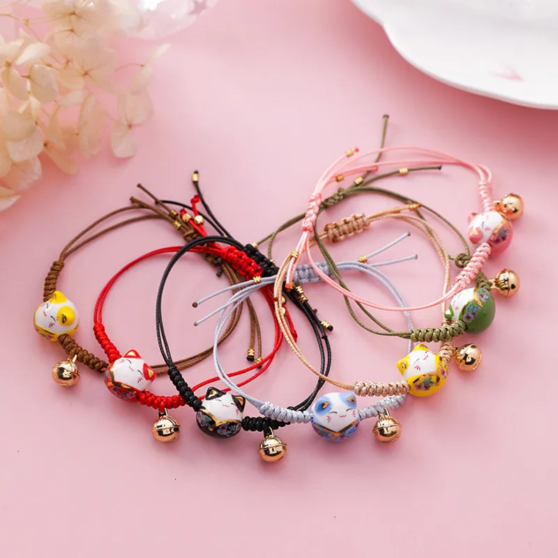 Hand-knitted Ceramic Lucky Cat Charm Rope Bracelets Tassel Beads for Women bracelet jewelry,shell charm bracelets