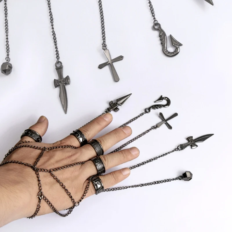 Adult Kids Kurapika Chains Bracelet Hunter Cosplay Cool Five Finger Rings Rapers Full-five Fingers Rings Fashion Jewelry 3