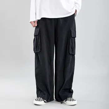 

Male Japan Streetwear Hip Hop Oversize Pants Men Elastic Waist Vintage Fashion Casual Loose Straight Cargo Pants Long Trousers