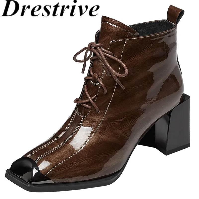 Drestrive-스퀘어 메탈 토 레이스 업 앵클 부츠 지퍼 겨울 신발 여성용, 두꺼운 하이힐, 특수 소재, 2021