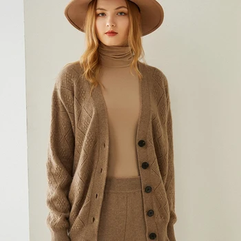 

2020 Autumn/winter V-neck 100% pure cashmere cardigan women's knitting jacquard European station sweater coat