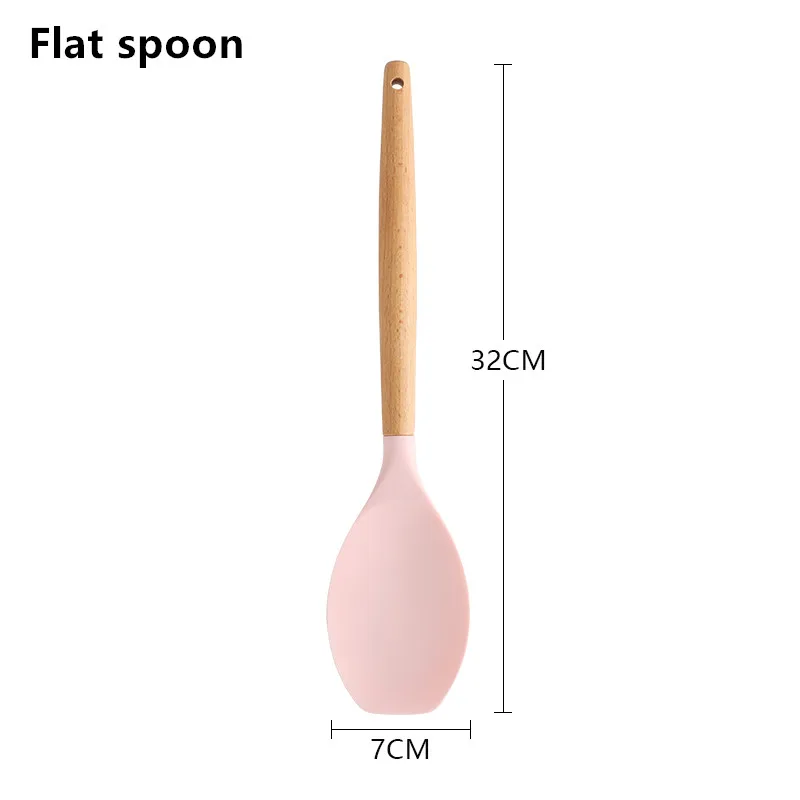 Flat spoon Деревянная Ручная силиконовая кухонная утварь кухонные инструменты Тернер суповая Ложка ситечко Паста Сервер яйцо венчик лопатка еда щипцы розовый - Цвет: Flat spoon