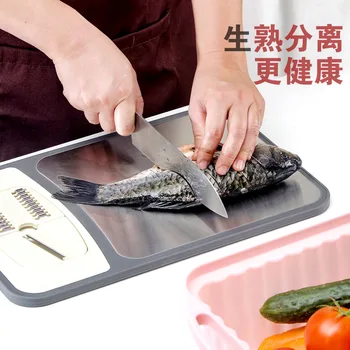 

New Style Multi-functional 304 Stainless Steel + Wheat Orange Double-Sided Cutting Board Basket li shui lan Set