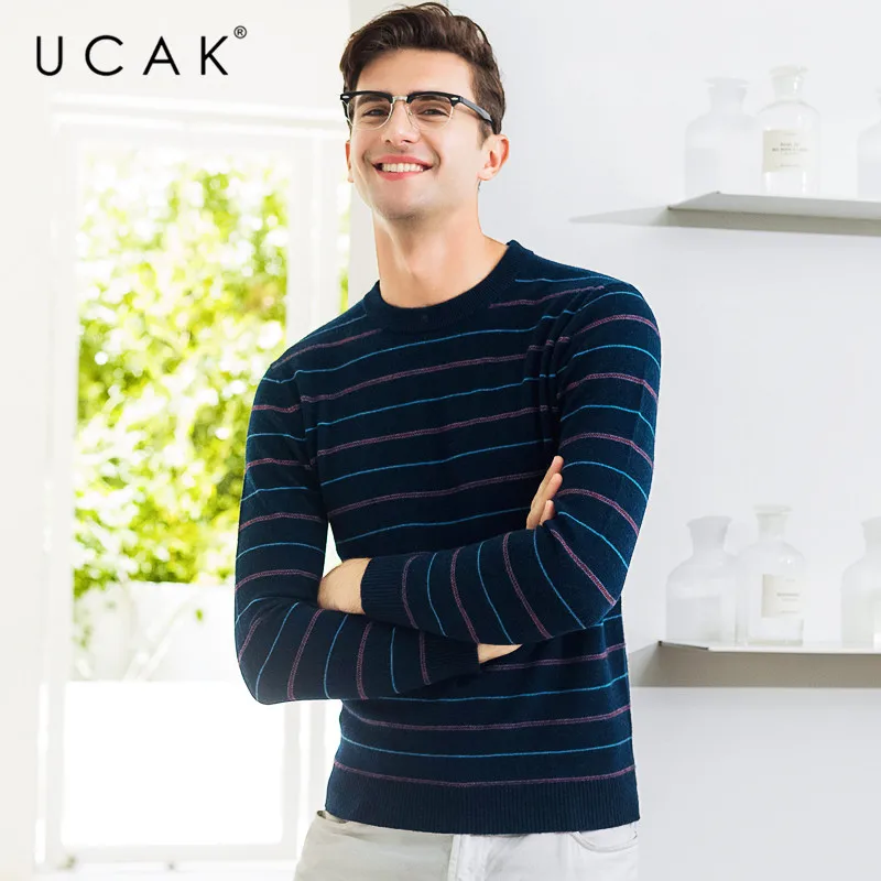 Reviews UCAK Brand Pure Merino Wool Sweater Men Casual Striped O-Neck Pullover Men Autumn Winter Warm Cashmere Sweaters Pull Homme U3073