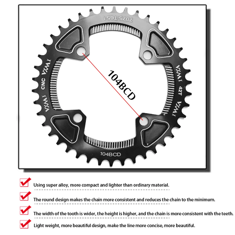 VXM-Bicycle-Chainwheel-104BCD-Round-Shape-Narrow-Wide-30T-32T-34T-36T-38T-40T-42T-46T