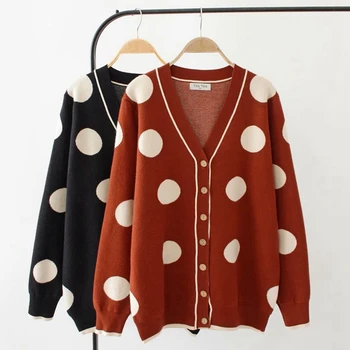

Fashion Loose Knitwear Cardigans Women Plus Size Single Breasted V neck Knitted Cardigans Dot Sweater Open Stitch Coat YY9545