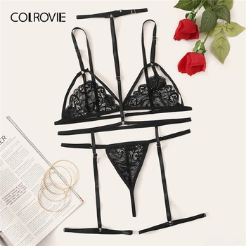 

COLROVIE Floral Lace Harness Garter Lingerie Set Women Intimates 2019 Solid Sexy Sets Wireless Bra And Thongs Underwear Set
