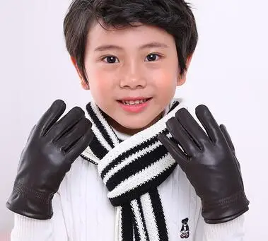 Children's autumn winter thicken warm fleece lining leather gloves boy girl kids natural sheepskin leather glove R1879 