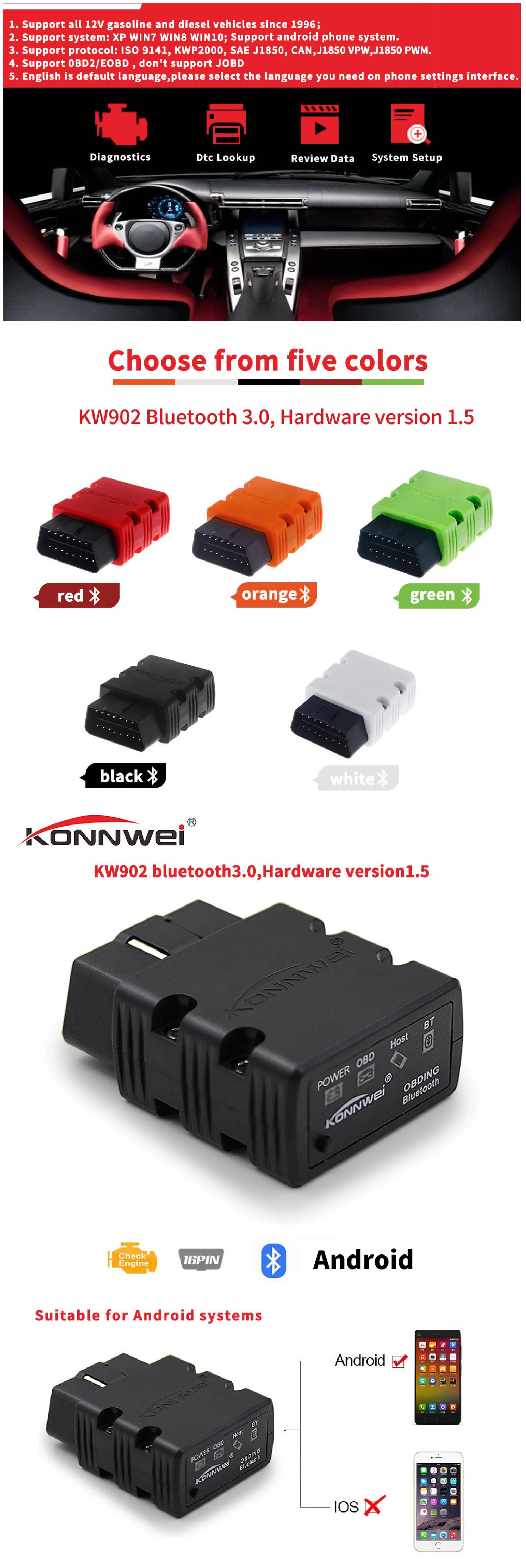 KONNWEI OBD2 сканер KW902 ELM327 V1.5 Bluetooth 3,0 Автосканер Elm 327 OBD 2 сканер кодов 1,5 лучше, чем ELM327 v2.1