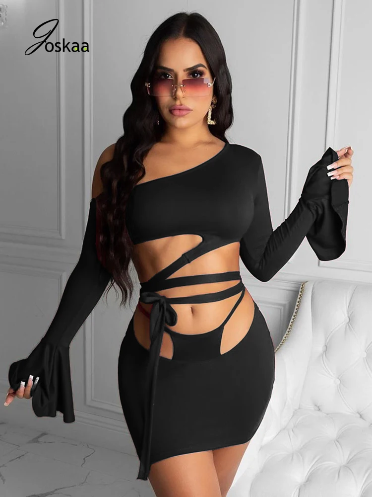 

Joskaa Lace Up Women Strapless Hollow Out Flare Sleeve One Shoulder Crop Tops Sexy Mini Skirt Female Night Club Party Outfits