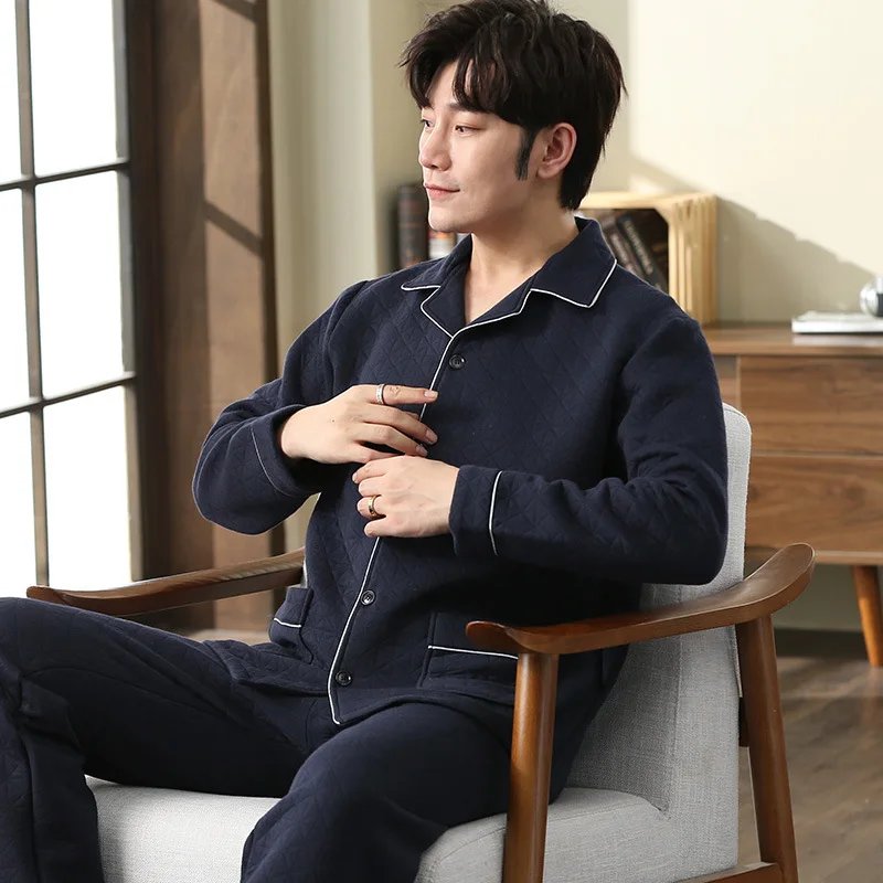 

Pajamas Men's Autumn and Winter Sleepwear Youth Long-sleeved Air Cotton Interlayer Thin Solid Color Home Casual Pajamas Suit