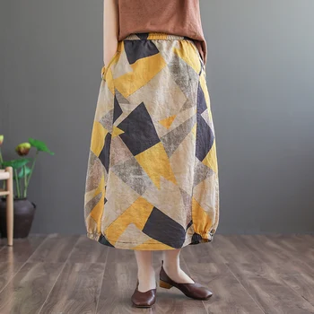 

RETRO printed cotton linen skirt women's loose skirts